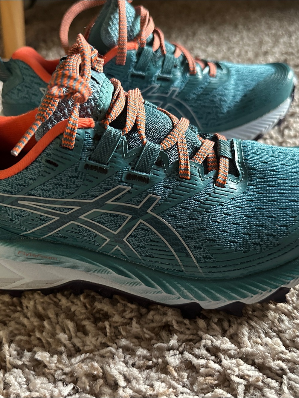 Asics Gel Trabuco Teal Athletic Running Shoes with Orange Accents